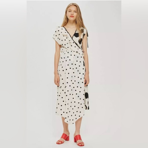 Topshop Mix Spot Ruched Midi Wrap Dress - Picture 4 of 8